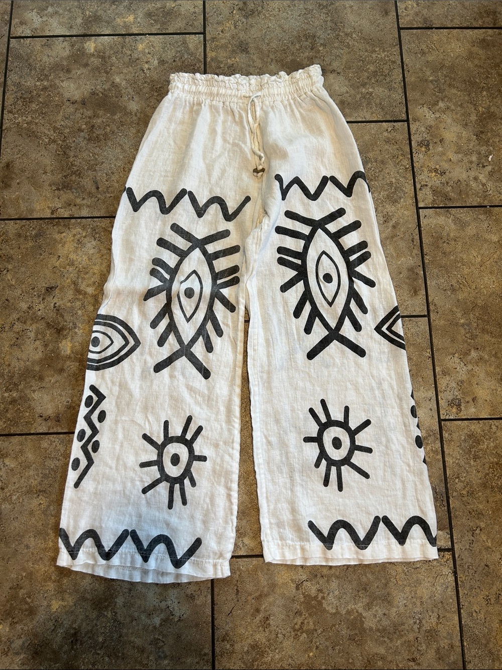 White Wide-Leg Linen Pants with Black Graphic Tribal Print